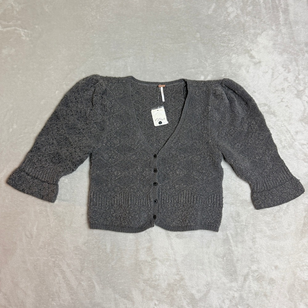 Free People Geo Floral Cardigan Women S (Tag L) Grey Puff Sleeve Cropped NEW $98
